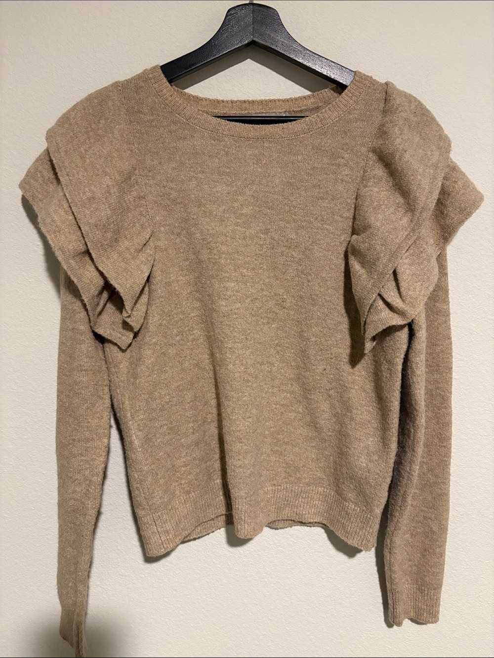 BKE Taupe Ruffle Shoulder Crewneck Sweater